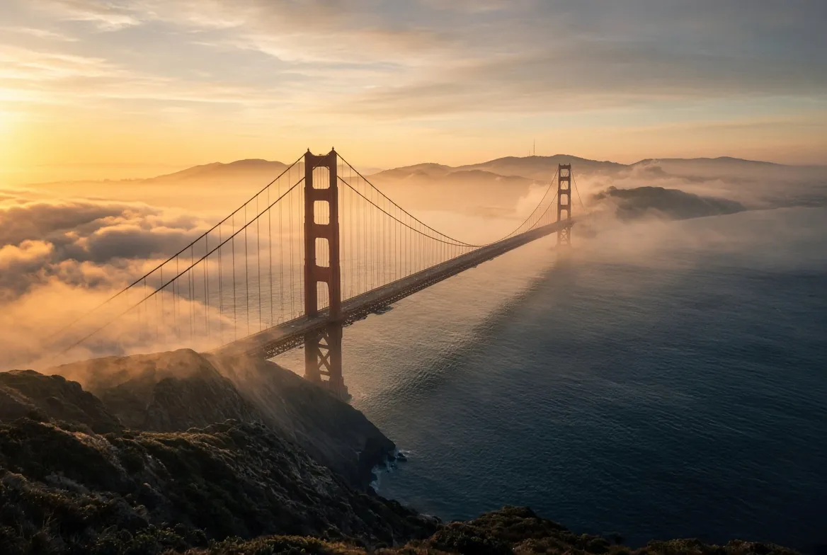 The Golden Gate Bridge rising above the fog at sunrise