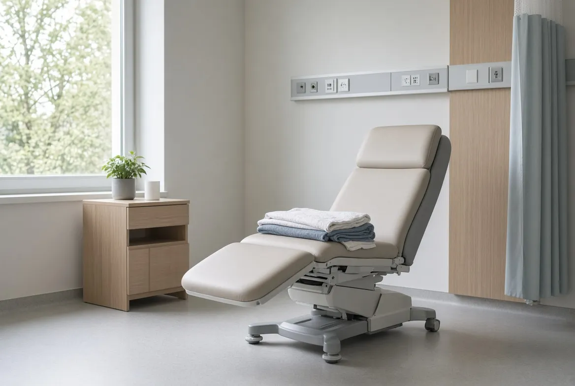 Sunlit pre-operative bay with a reclining patient chair