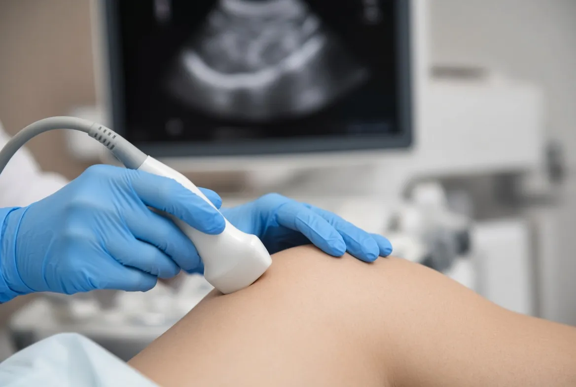 Gloved hands guiding an ultrasound probe for a nerve block